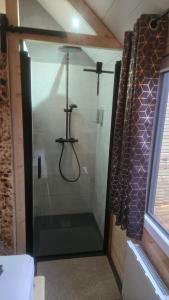 a shower with a glass door in a bathroom at Tiny House chez Lili in Frémifontaine +27 photos