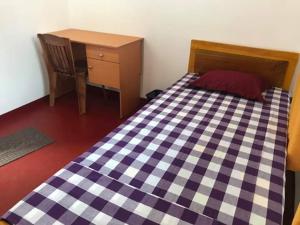 a bedroom with a checkered bed and a desk at 5th Dimension Academy rooms in Deniyaya