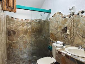 a bathroom with a shower and a toilet and a sink at Patio Guadalupe in San Cristóbal de Las Casas