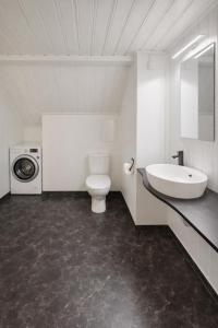a bathroom with a toilet and a sink and a washing machine at Lilla Röda Huset. in Sjötofta +19 photos