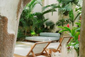 a room with a couch and chairs and palm trees at Querida Casa - Mérida Centro in Mérida