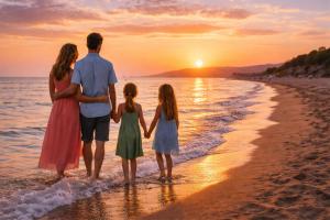 a family walking on the beach at sunset at Bungalow Camping 4 étoiles - Mer à pied in Hyères
