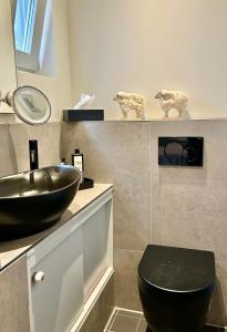 a bathroom with a black toilet and a sink at V06 Seasidevilla Vlissingen in Vlissingen +3 photos