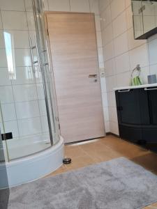a shower with a glass door in a bathroom at Ferienwohnung Sonnenschein mit Sauna und Billiard in Wachstein +16 photos