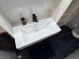 a white sink in a bathroom with a toilet at Bergblick-Lounge zentral in Immenstadt in Immenstadt im Allgäu +32 photos