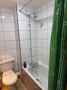 a bathroom with a toilet and a tub with a shower curtain at Quality City Hotel Restaurant Free Parking in Upton Warren +31 photos