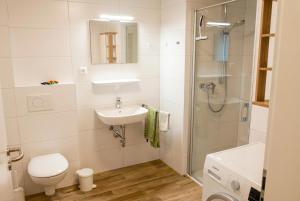 a bathroom with a toilet and a sink and a shower at Haus Dornröschen in Schweiburg +21 photos