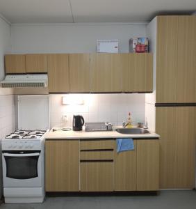 a kitchen with wooden cabinets and a stove and a sink at Kechnec - Seňa in Kehnec