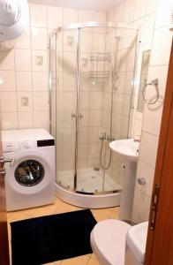 a bathroom with a shower and a washing machine at Mountain View Apartment Bansko in Bansko
