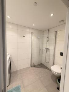 a bathroom with a shower and a toilet at Modern brand new apartment Kongsberg in Kongsberg +17 photos