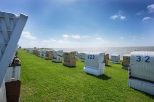 a row of beach huts on the grass near the water at Moderne Wohnung mit Privatpool in Büsum