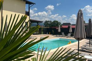 a pool with chairs and umbrellas next to a building at Pensiunea Andreea in Baia de Fier