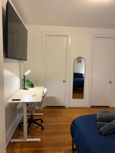 a bedroom with a desk and a bed and a desk and a computer at The Broadway Escape - Private Room in Times Square in New York