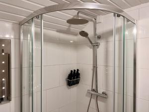 a shower with a glass door in a bathroom at The Sandbed Retreat in Hawick +32 photos