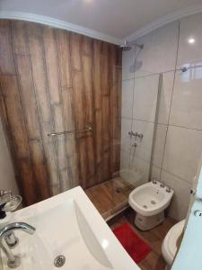 a bathroom with a shower and a toilet and a sink at il Mandarino in Bahía Blanca