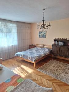 a bedroom with a bed and a chandelier at Apartman Boljević in Podgorica