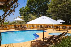 a swimming pool with chairs and umbrellas at Pousada Vale do Dinossauro in São Pedro +20 photos