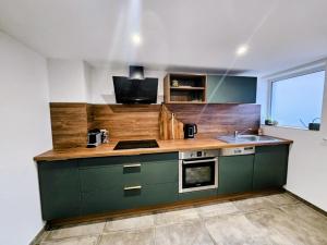 a kitchen with green cabinets and a sink at Appartement Le petit Bretzel in Neuwiller-lès-Saverne