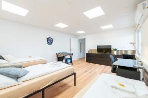 a room with two beds and a desk and a tv at Orange Suite Schliengen 2 in Schliengen