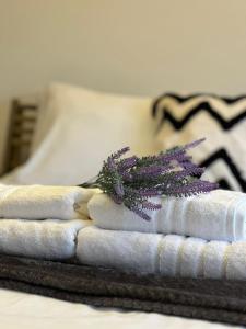 a pile of towels and a flower on a bed at Mini 1BR Studio Central Broumana with Sea View in Broummana