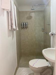 a bathroom with a shower and a toilet and a sink at Balcones de Venecia in Cartagena de Indias +62 photos