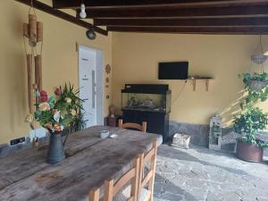 a large wooden table in a room with a television at Charme rustico con ampio giardino e piscina con due camere in Carrara