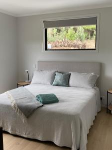 a bedroom with a large bed with a window at Pitokuku House in Medlands