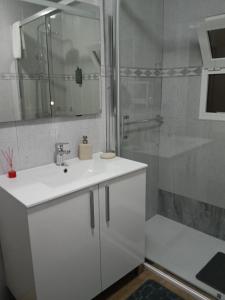 a bathroom with a white sink and a shower at Casa do Negrão in Ponta Delgada +15 photos