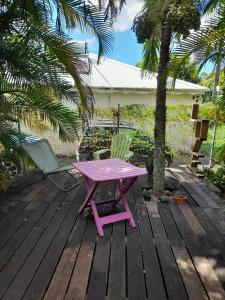 a pink picnic table and a chair on a deck at studio dans un écrin vert in Saint-Claude