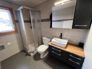 a bathroom with a toilet and a sink and a shower at Chalet Talblick in Riederalp +21 photos