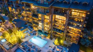 an overhead view of an apartment building with a swimming pool at The Landmark in Vail
