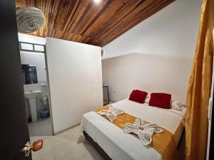 two beds in a small room with red pillows at Casa Hotel Diana Luz in Villavieja +13 photos