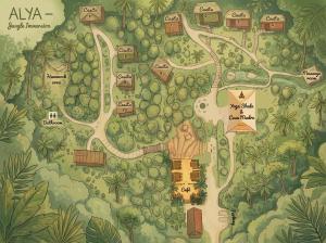 a map of a fantasy park with alda at Alya Jungle Casitas in San Juanillo +54 photos