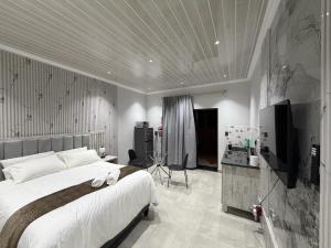 a bedroom with a bed and a television in it at Mehraz Guesthouse in Piet Retief