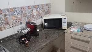 a kitchen counter with a microwave on top of it at mendes in Água Boa