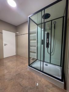 a shower in a room with a glass wall at Komfortresidenz Natur in Weiz +19 photos
