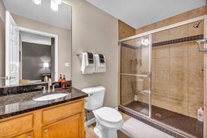 a bathroom with a shower and a toilet and a sink at Luxe Downtown Condo • Pool Table & Parking in Cleveland +37 photos