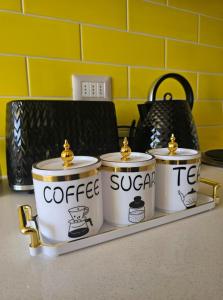 three coffee cups on a tray on a counter at Modern fully equipped studio with parking in Concepción