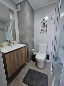 a bathroom with a toilet and a sink and a shower at Modern fully equipped studio with parking in Concepción