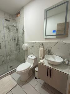 a bathroom with a toilet and a sink and a shower at The Madevelyn in Atitlán in Panajachel +75 photos