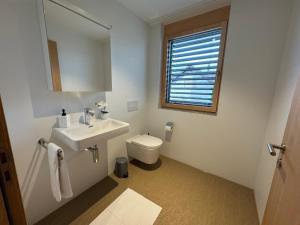 a bathroom with a sink and a toilet and a window at Arenenberg-Panorama in Salenstein +17 photos