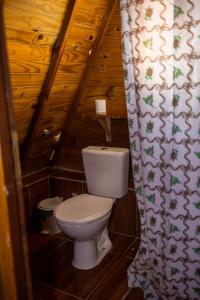 a bathroom with a toilet in a wooden house at Cabana Suiça 2 in Guaramiranga