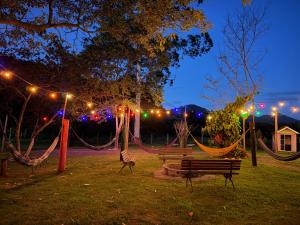 a park at night with hammocks and lights at Chácara Bora Bora in São Bento do Sapucaí