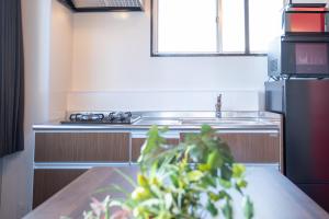 a kitchen with a sink and a table with a plant at H-1ビル 301 hiroshima in Hiroshima