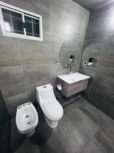 a bathroom with a toilet and a sink and a mirror at Departamento ESTRADA ideal para pasajeros en tránsito, viajes laborales o estadías cortas Ubicado en Ezeiza, a solo 20 minutos del Aeropuerto Internacional Ministro Pistarini, ofrece comodidad y practicidad para hasta 4 personas in Tristán Suárez