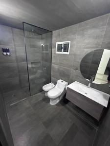 a bathroom with a toilet and a sink and a shower at Departamento ESTRADA ideal para pasajeros en tránsito, viajes laborales o estadías cortas Ubicado en Ezeiza, a solo 20 minutos del Aeropuerto Internacional Ministro Pistarini, ofrece comodidad y practicidad para hasta 4 personas in Tristán Suárez
