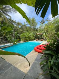 a swimming pool with a red float next to some trees at Larue Pocket Villa in Calatagan