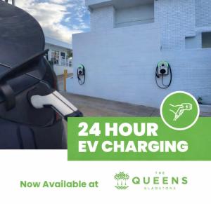 a advertisement for a hour ev charging station at The Queens Hotel Gladstone in Gladstone