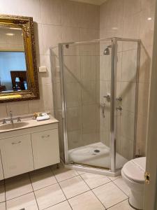 a bathroom with a shower and a toilet and a sink at The Astra Broken Hill in Broken Hill +25 photos