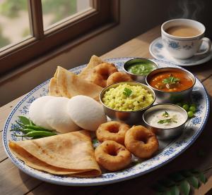 a blue and white plate of food on a table at All seasons boutique rooms in Pune